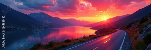 Crimson sunset paints lake and winding road, picturesque view , vibrant, red, outdoor