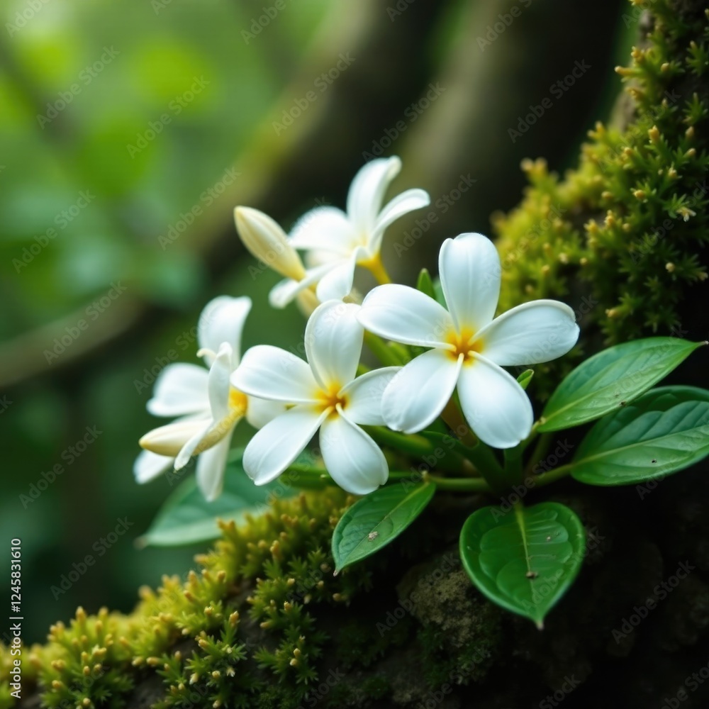 Fototapeta premium Delicate jasmine blooms amidst lush green foliage and moss, flowers, flora