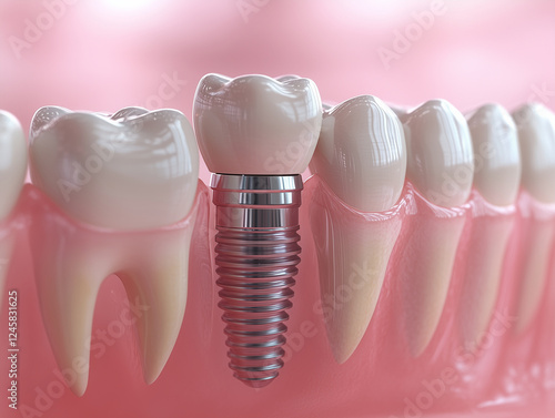 detailed 3D illustration of dental implant and crown, showcasing implant metallic structure alongside healthy teeth. This highlights dental restoration and oral health