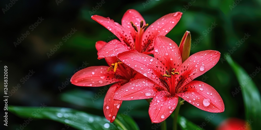 Vibrant red rain lily blooms adorned with water droplets against a lush green backdrop showcasing nature's beauty and delicate petal structure. Vibrant red rain lily blooms adorned with water droplets against a lush green backdrop showcasing nature's beauty and delicate petal structure.