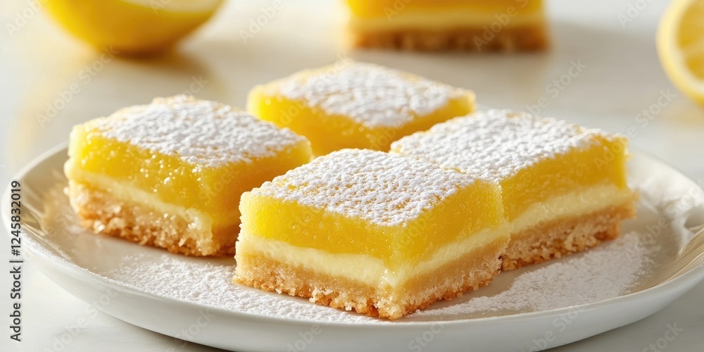 Delicious lemon bars dusted with powdered sugar on a white plate with lemon slices in the background, featuring vibrant yellow and pale beige colors. Delicious lemon bars dusted with powdered sugar on a white plate with lemon slices in the background, featuring vibrant yellow and pale beige colors.