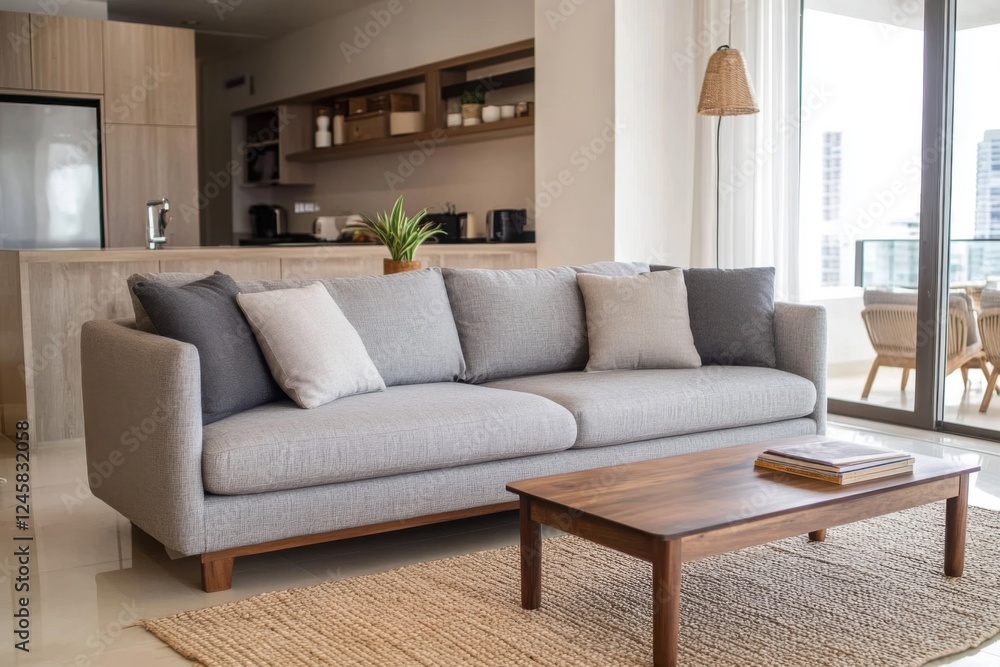 Modern living room with comfortable couch and wooden coffee table in a bright apartment Modern living room with comfortable couch and wooden coffee table in a bright apartment