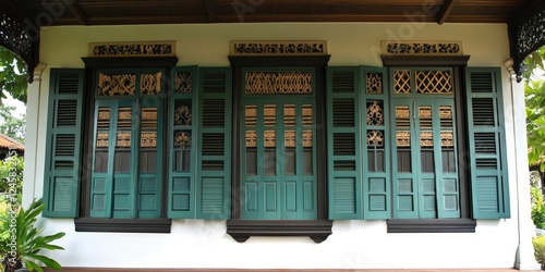 Historic Malaysian architectural faÃ§ade featuring turquoise shutters and intricate wooden carvings, set against a vibrant green garden backdrop. photo