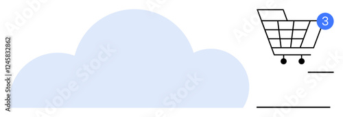 Cloud shape representing cloud storage beneath shopping cart icon with notification badge showing three items. Ideal for e-commerce, online shopping, cloud services, digital storage, data management