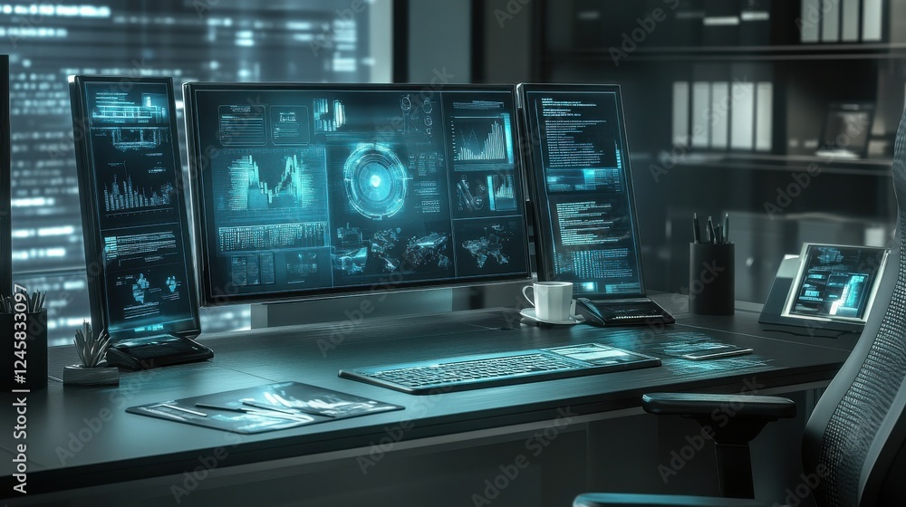 Modern Office Workspace with Multiple Monitors and Data Visualizations Modern Office Workspace with Multiple Monitors and Data Visualizations