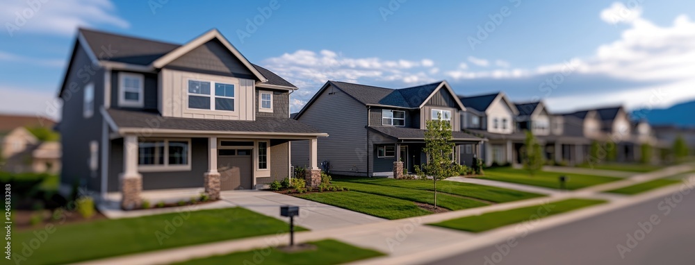 Row of charming single-family houses with brick and shingle exteriors, set in a peaceful suburban area on a sunny day Row of charming single-family houses with brick and shingle exteriors, set in a peaceful suburban area on a sunny day