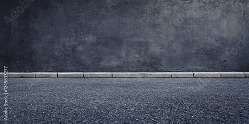 Dark grey asphalt wall texture with smooth surface above a concrete curb, featuring ample blank space for design elements in foreground.