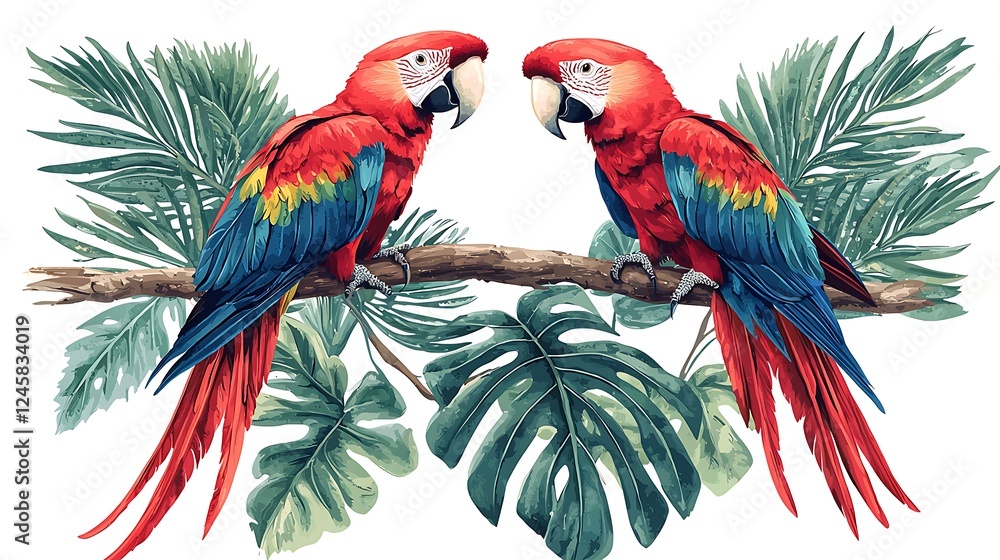 Fototapeta premium Two Scarlet Macaws Perched on a Branch Amidst Lush Tropical Foliage.