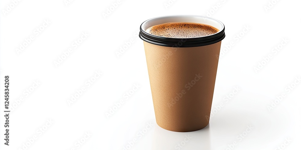 Brown disposable coffee cup with black lid filled with coffee, positioned centrally on a white surface, clean and minimalistic background. Brown disposable coffee cup with black lid filled with coffee, positioned centrally on a white surface, clean and minimalistic background.