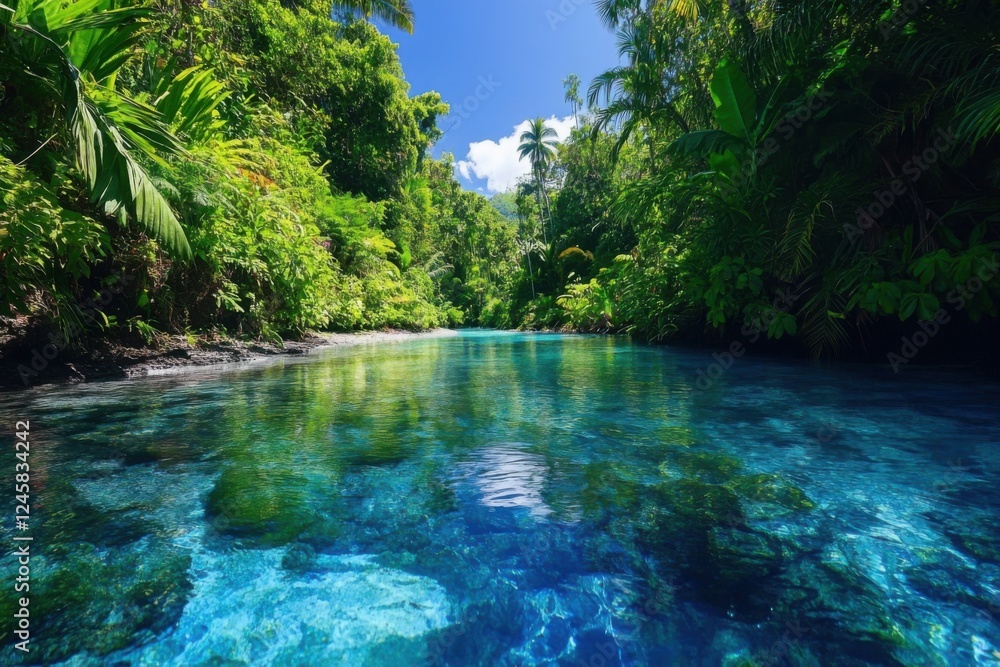 Naklejka premium Crystal clear river surrounded by lush green vegetation under a bright blue sky