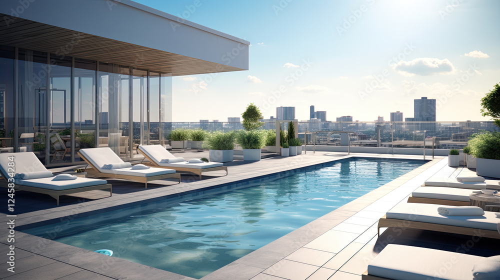 Fototapeta premium Modern Rooftop Pool with City Skyline Views