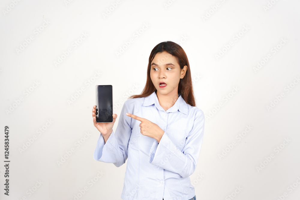 Surprised and Pointing at Smartphone Of Beautiful Asian Woman Isolated On White Background Surprised and Pointing at Smartphone Of Beautiful Asian Woman Isolated On White Background