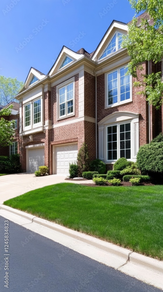 Row of charming single-family houses with brick and shingle exteriors, set in a peaceful suburban area on a sunny day Row of charming single-family houses with brick and shingle exteriors, set in a peaceful suburban area on a sunny day