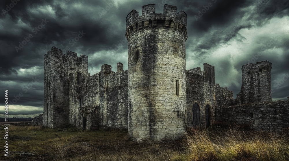 A gloomy medieval castle with weathered stone walls and towers, standing tall against a stormy, cloudy sky, evoking a sense of abandonment and mystery. A gloomy medieval castle with weathered stone walls and towers, standing tall against a stormy, cloudy sky, evoking a sense of abandonment and mystery.