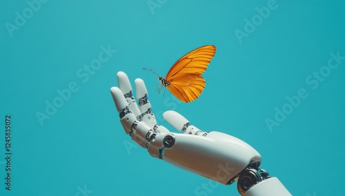 Wallpaper Mural Robotic Hand Reaching for Orange Butterfly Against Bright Blue Background Representing Technology and Nature Interaction and Harmony Torontodigital.ca