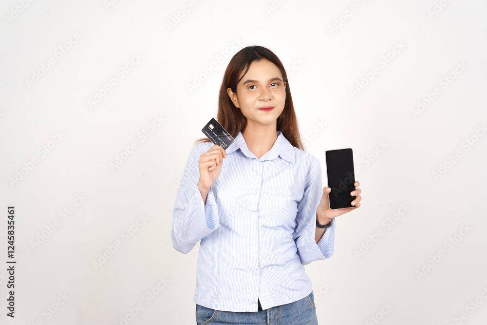 Holding Smartphone and Credit Card Of Beautiful Asian Woman Isolated On White Background Holding Smartphone and Credit Card Of Beautiful Asian Woman Isolated On White Background