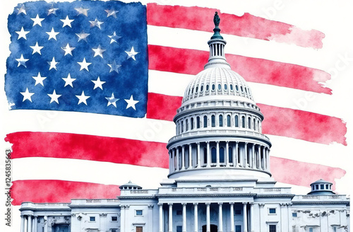 US Flag and Capitol. Washington D.C.
