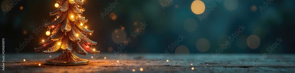 Fototapeta premium Ornate, miniature metal Christmas tree with sparkling lights, lanterns, tree