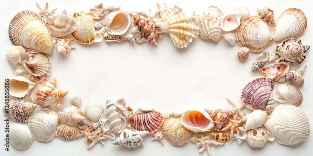 Obraz premium Colorful array of seashells in various shapes and sizes arranged in an oval frame on a light background showcasing natural textures and patterns.