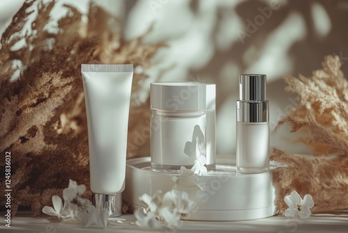 Elegant skincare products arranged with dried flowers in soft natural light on a wooden surface