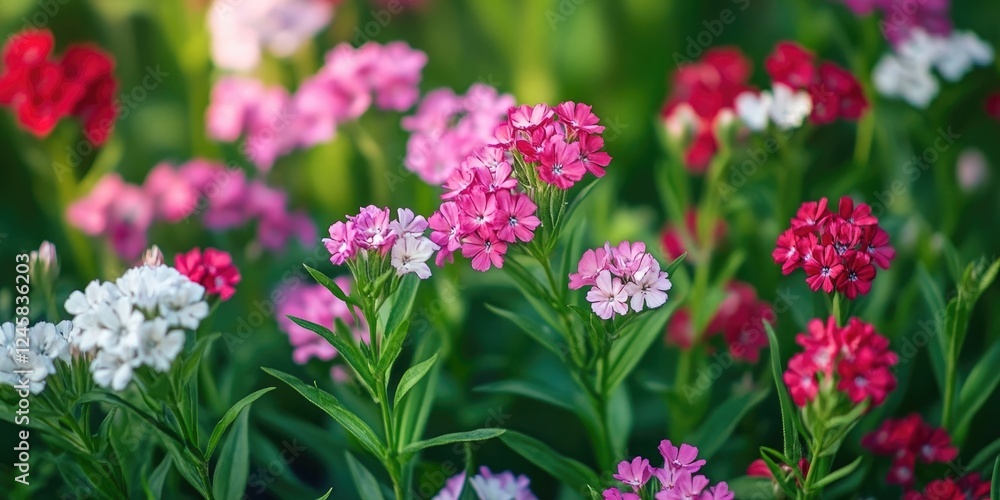 Colorful blooming flowers in shades of pink, red, and white amidst lush green foliage, creating a vibrant garden scene. Colorful blooming flowers in shades of pink, red, and white amidst lush green foliage, creating a vibrant garden scene.