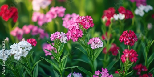 Fototapeta Naklejka Na Ścianę i Meble -  Colorful blooming flowers in shades of pink, red, and white amidst lush green foliage, creating a vibrant garden scene.
