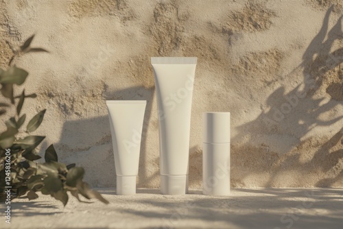 Elegant skin care products displayed against a textured stone background in natural light