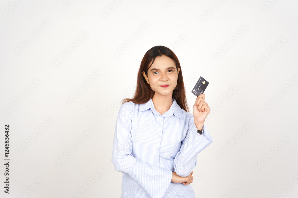Smiling and Holding Credit Card Of Beautiful Asian Woman Isolated On White Background Smiling and Holding Credit Card Of Beautiful Asian Woman Isolated On White Background