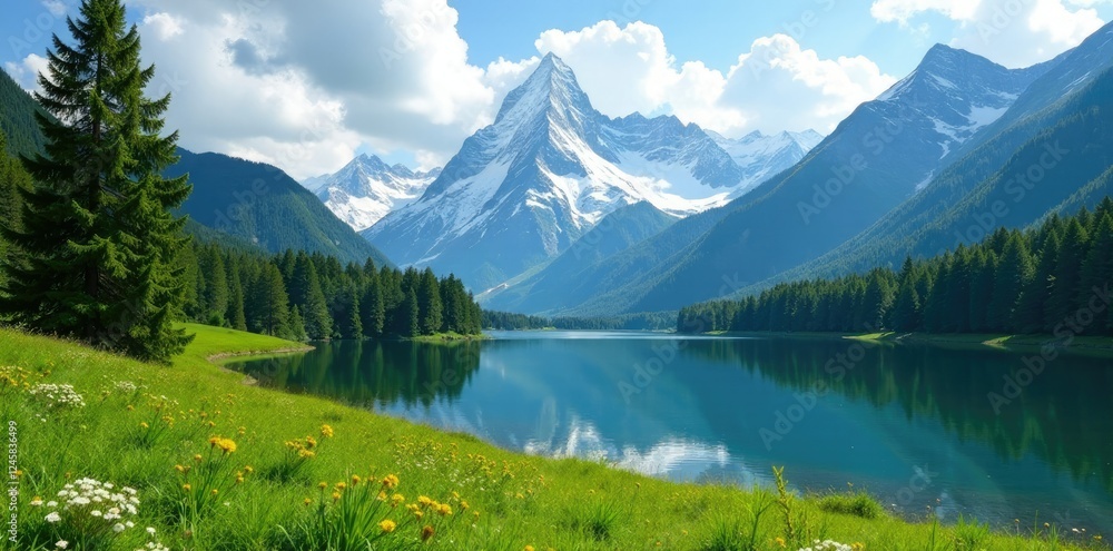 Snow-covered peaks and tranquil lake in the midst of a green meadow, natural scenery, forested hills, mountain vistas Snow-covered peaks and tranquil lake in the midst of a green meadow, natural scenery, forested hills, mountain vistas