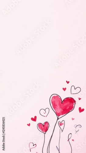 Flat Pink Paper Background with Multicolored Outlined Hearts, Perfect for Greeting Posters, Banner Templates, or Social Media Posts for Celebrations and Events. 
