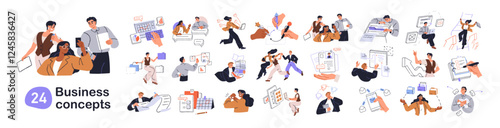 Business concepts set. Office work, professional icons. Communication, job success, developing strategy, management, planning, corporate team. Flat vector illustration isolated on white background