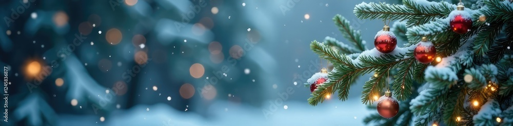 Fototapeta premium Snowfall gently falling on a fir branch decorated with ornaments and garlands, frosty, snow-covered