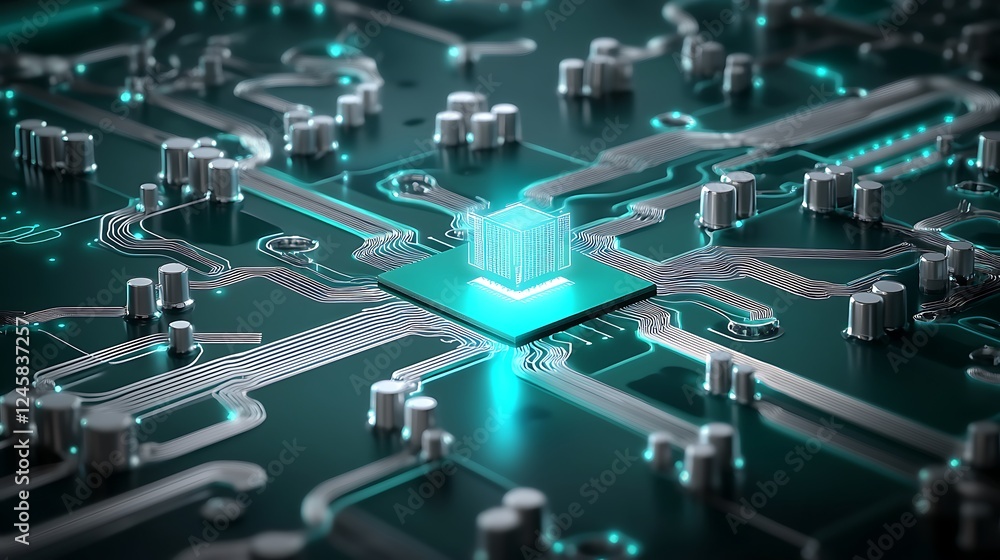Fototapeta premium An abstract circuit board vector design with interconnected pathways in shades of teal and silver, leading to a central glowing microchip.