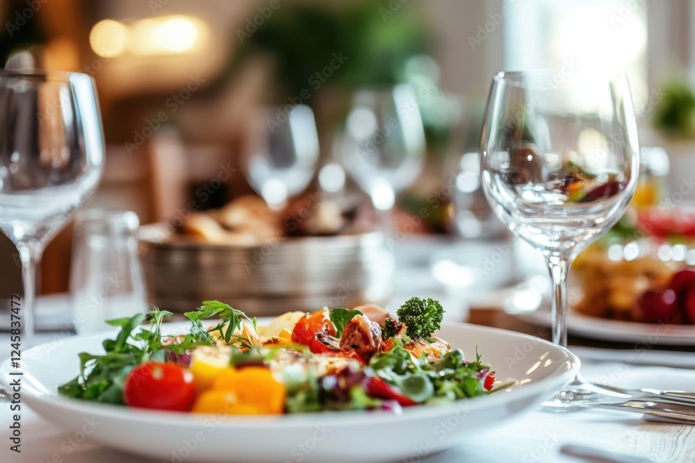 Delicious fresh salad garnished with colorful vegetables served in an elegant dining setting during a social gathering Delicious fresh salad garnished with colorful vegetables served in an elegant dining setting during a social gathering