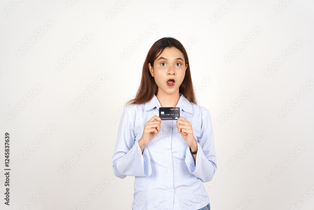 Surprised Holding Credit Card Of Beautiful Asian Woman Isolated On White Background Surprised Holding Credit Card Of Beautiful Asian Woman Isolated On White Background