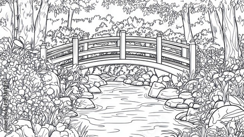 Wallpaper Mural Serene garden bridge over stream, lush foliage; coloring book page Torontodigital.ca