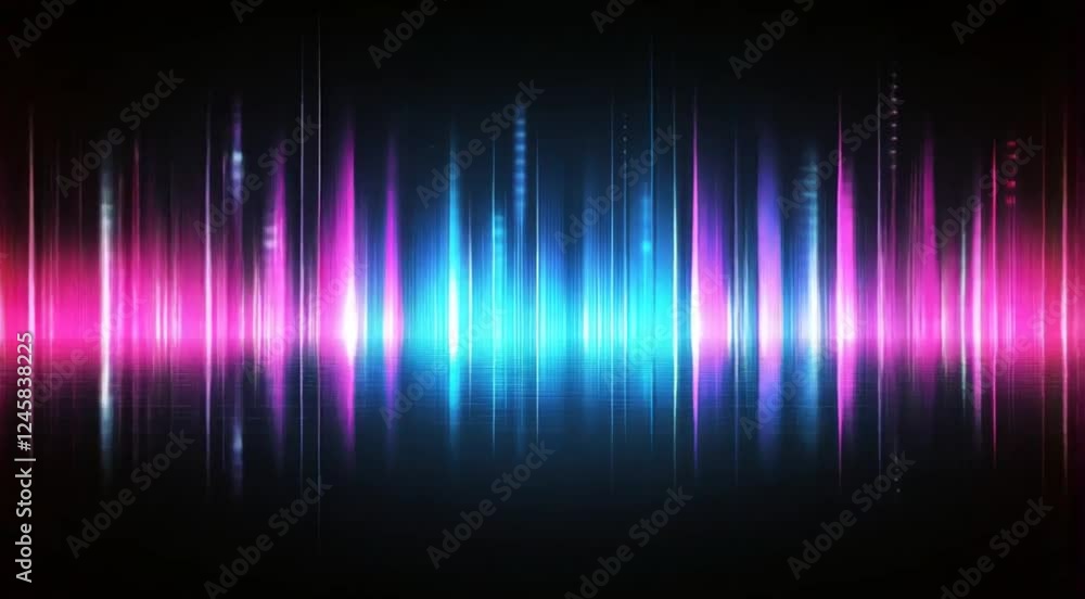 A black background with blue and pink neon lights arranged in vertical lines,