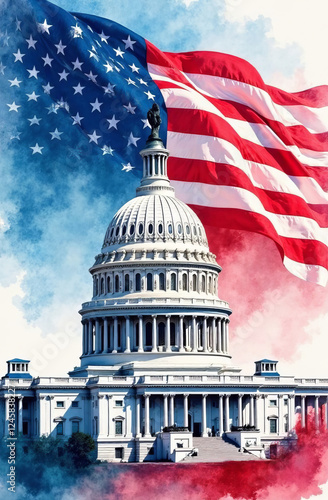 US Flag and Capitol. Washington D.C.