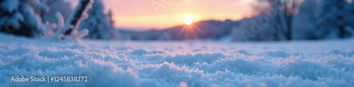 Snowflakes settle on a frosted snowy landscape at dusk, tranquil, white, serene