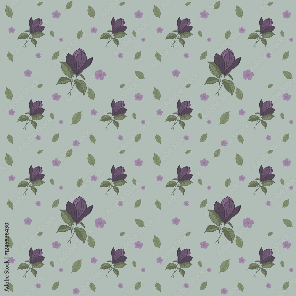 Fototapeta premium Floral pattern, purple flowers, green leaves.