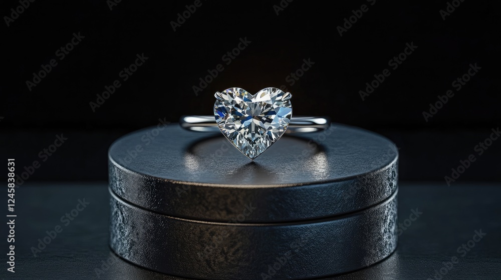 A heart-shaped diamond ring on a decorative box, showcasing its brilliance and elegance under soft lighting, emphasizing luxury and sophistication. A heart-shaped diamond ring on a decorative box, showcasing its brilliance and elegance under soft lighting, emphasizing luxury and sophistication.