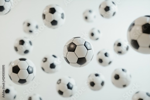 Floating soccer balls create a dynamic and playful atmosphere in a bright setting