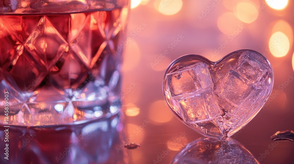 A heart-shaped ice cube placed next to a drink on a polished surface, highlighting the crisp, clear edges of the ice and the refreshing nature of the beverage. A heart-shaped ice cube placed next to a drink on a polished surface, highlighting the crisp, clear edges of the ice and the refreshing nature of the beverage.