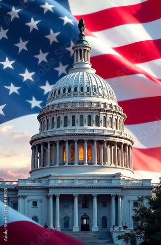 US Flag and Capitol. Washington D.C.