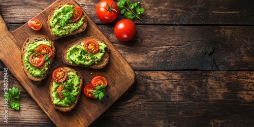 Avocado toast with cherry tomatoes on a wooden cutting board, garnished with fresh parsley, set against a dark rustic wooden background. photo