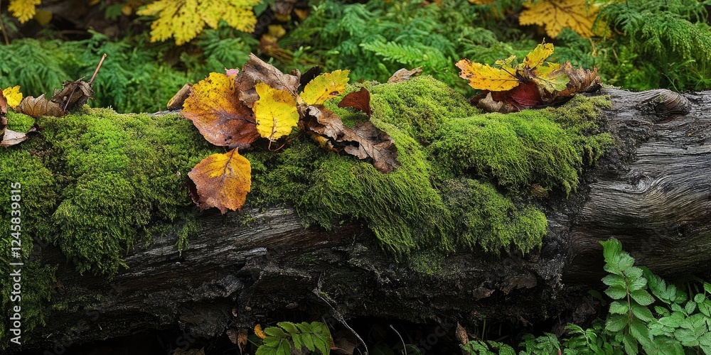 Moss-covered log with yellow and brown autumn leaves on top, surrounded by lush green ferns and foliage in a vibrant forest setting. Moss-covered log with yellow and brown autumn leaves on top, surrounded by lush green ferns and foliage in a vibrant forest setting.