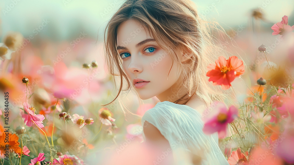 Naklejka premium Woman dressed iin white with blue eyes. walking through a field of flowers. Dynamics. Cinematic, realistic, detailed. Vogue style. Bright, saturated colors.