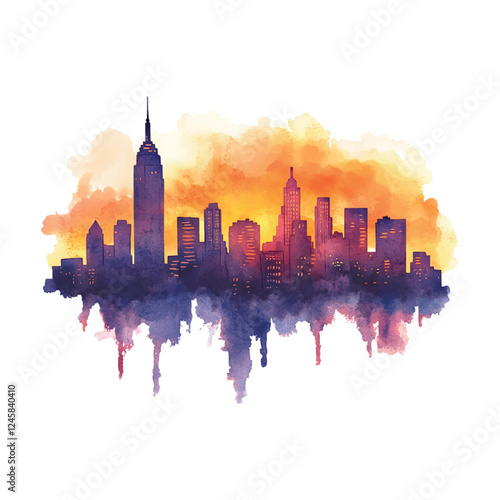 A city skyline with the Empire State Building in the foreground. The sky is orange and the buildings are lit up at night