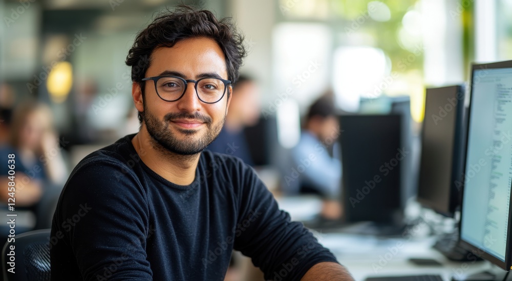 Obraz premium Young man with glasses smiling at camera in modern office environment surrounded by technology and colleagues engaged in work