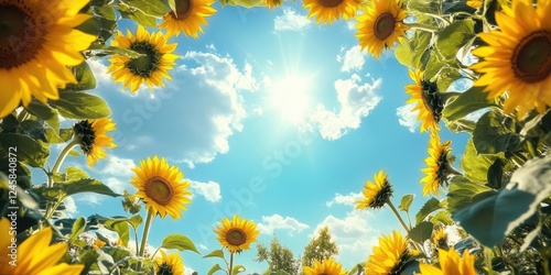 Fototapeta Naklejka Na Ścianę i Meble -  Sunflowers blooming in a vibrant field under a bright blue sky framed by golden petals and soft white clouds, capturing a sunny summer day.